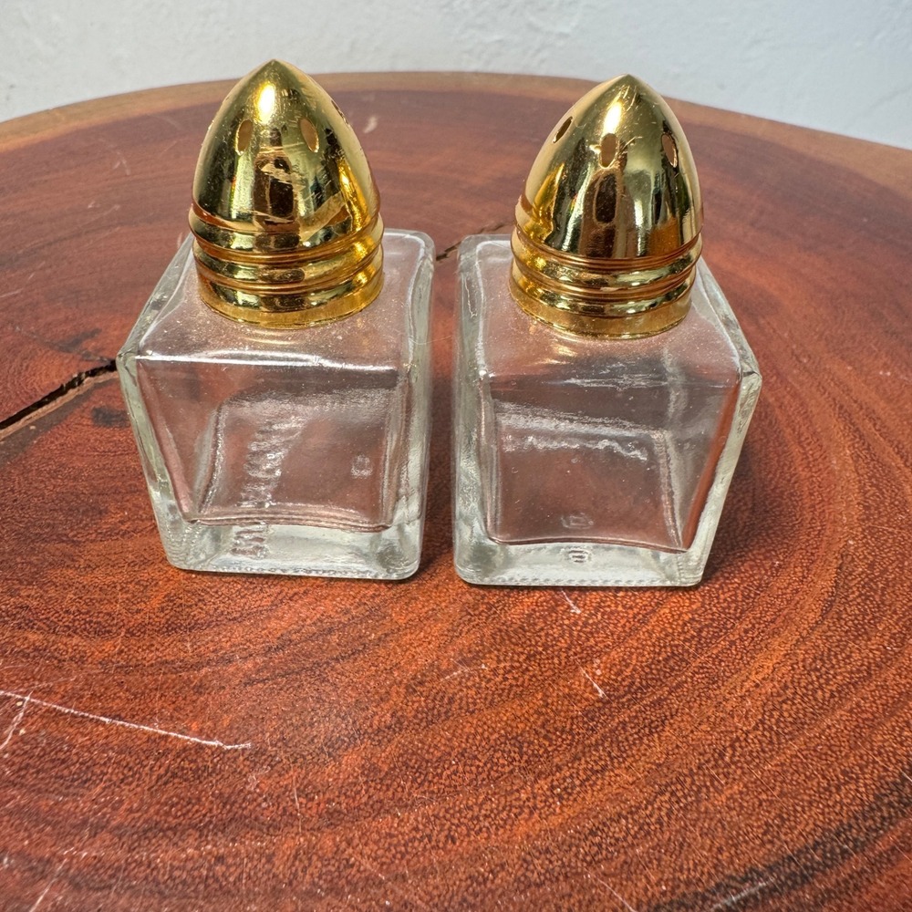 Vintage Square Clear Glass Salt and Pepper Shakers Gold Bullet Lids Taiwan Set